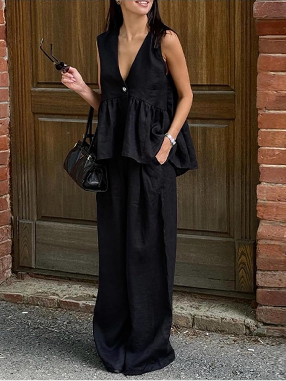 Women’s 2 piece set v neck peplum vest, wide leg trousers